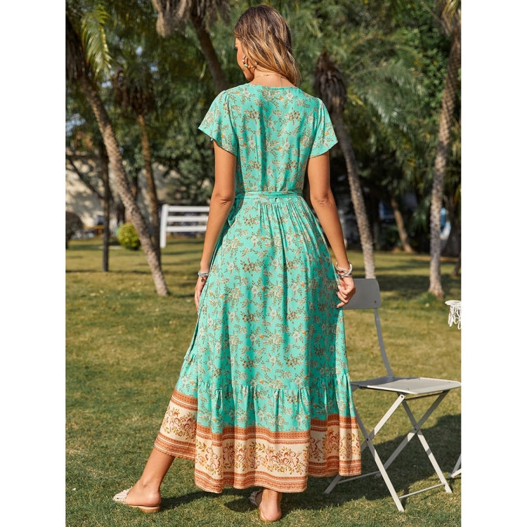 Floral Print V-Neck Short Sleeve Beach Party Dress