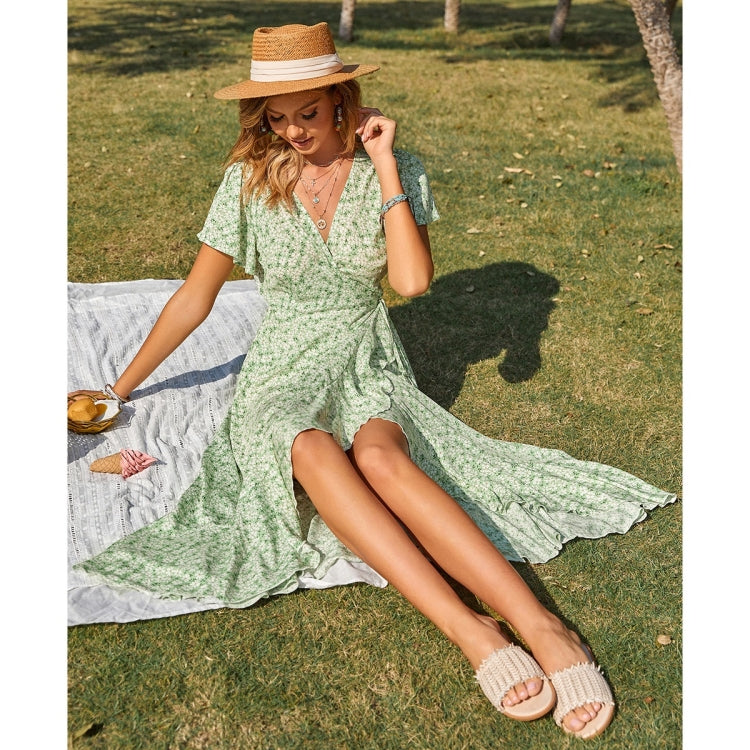 Ruffled Floral V-Neck Short Sleeve Beach Dress