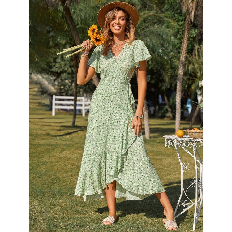 Ruffled Floral V-Neck Short Sleeve Beach Dress