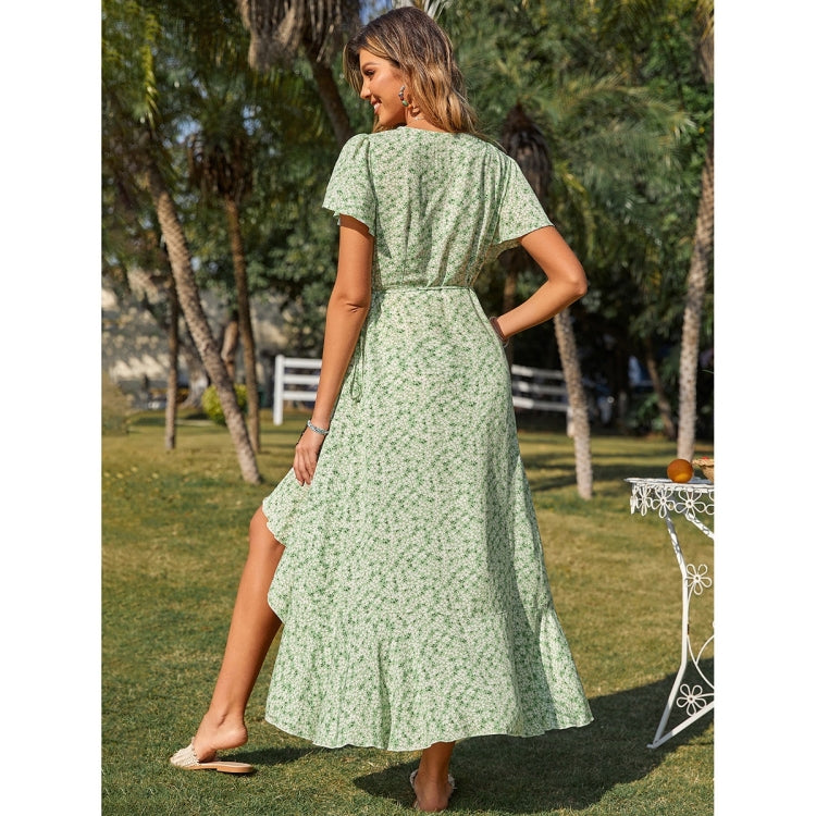Ruffled Floral V-Neck Short Sleeve Beach Dress