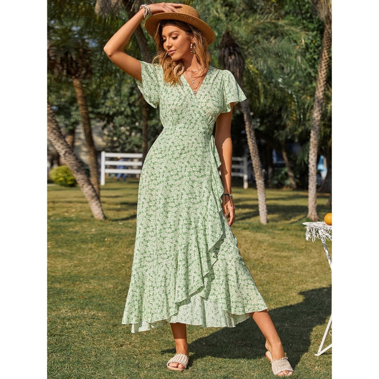 Ruffled Floral V-Neck Short Sleeve Beach Dress