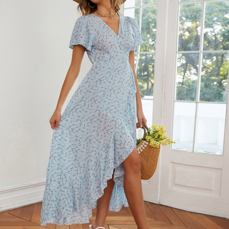 Floral Ruffled High-waisted V-neck Swing Dress