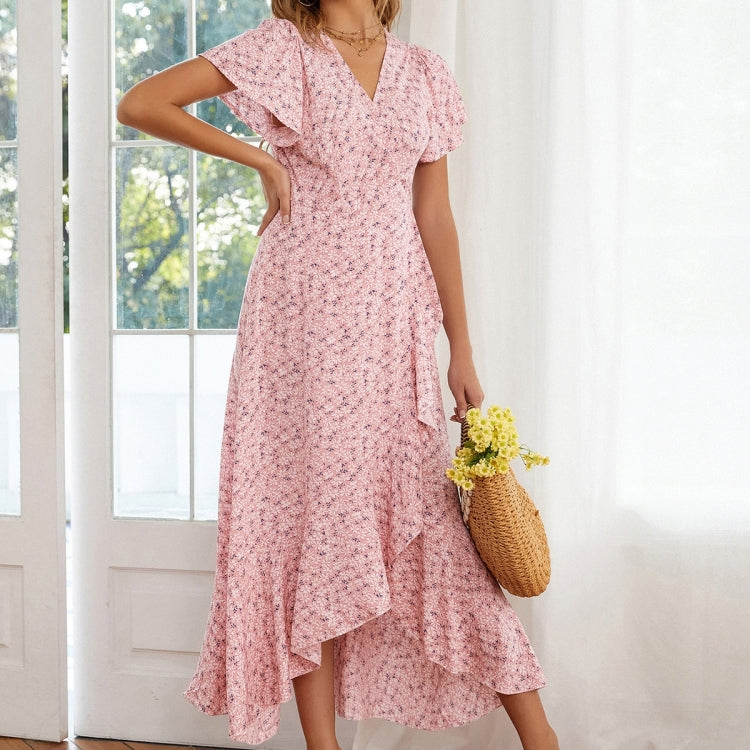 Floral Ruffled High-waisted V-neck Swing Dress