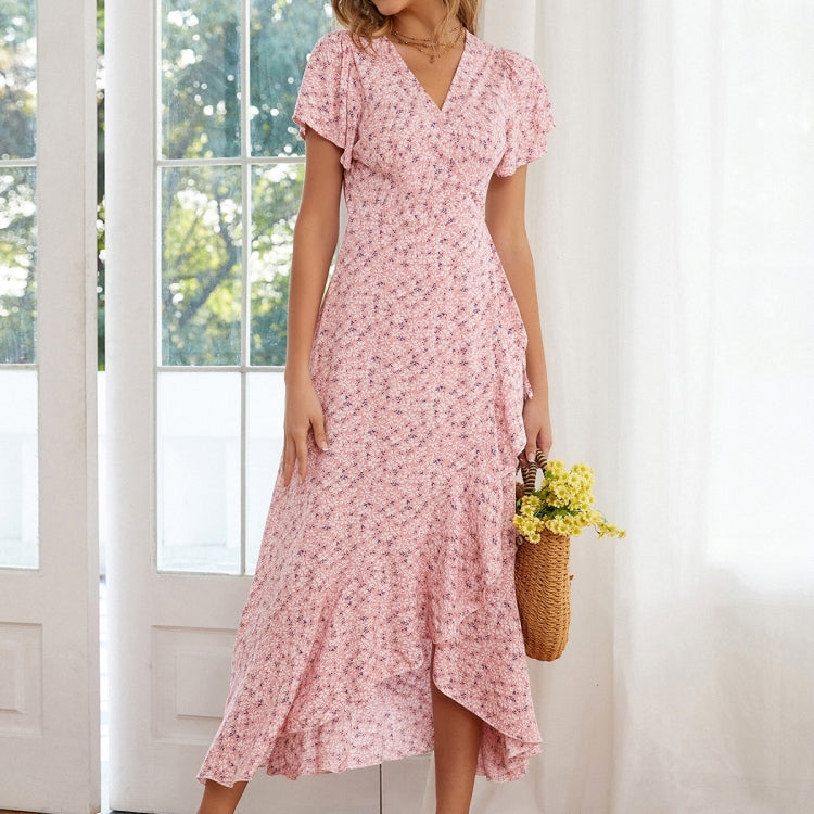 Floral Ruffled High-waisted V-neck Swing Dress