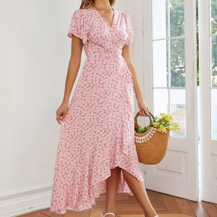 Floral Ruffled High-waisted V-neck Swing Dress