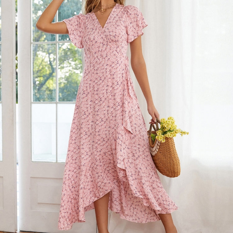 Floral Ruffled High-waisted V-neck Swing Dress
