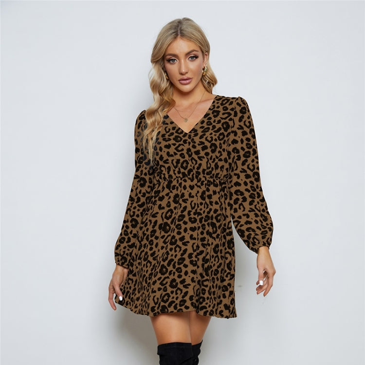 Leopard V-Neck Long Sleeve Dress for Ladies