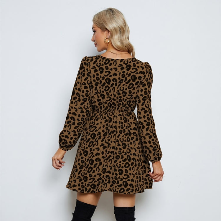 Leopard V-Neck Long Sleeve Dress for Ladies