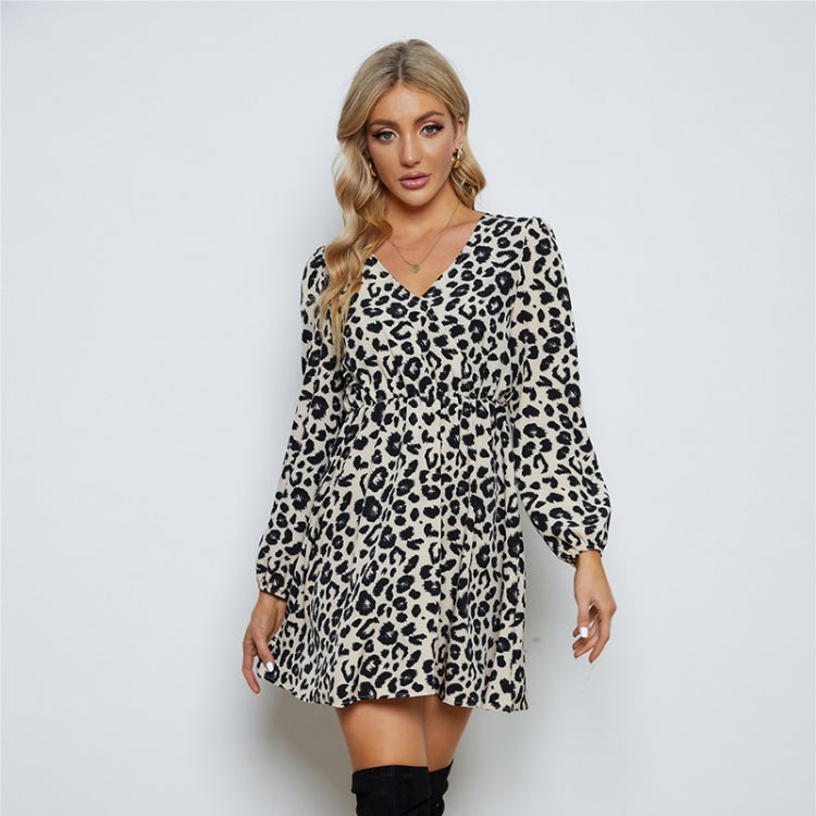 Leopard V-Neck Long Sleeve Dress for Ladies