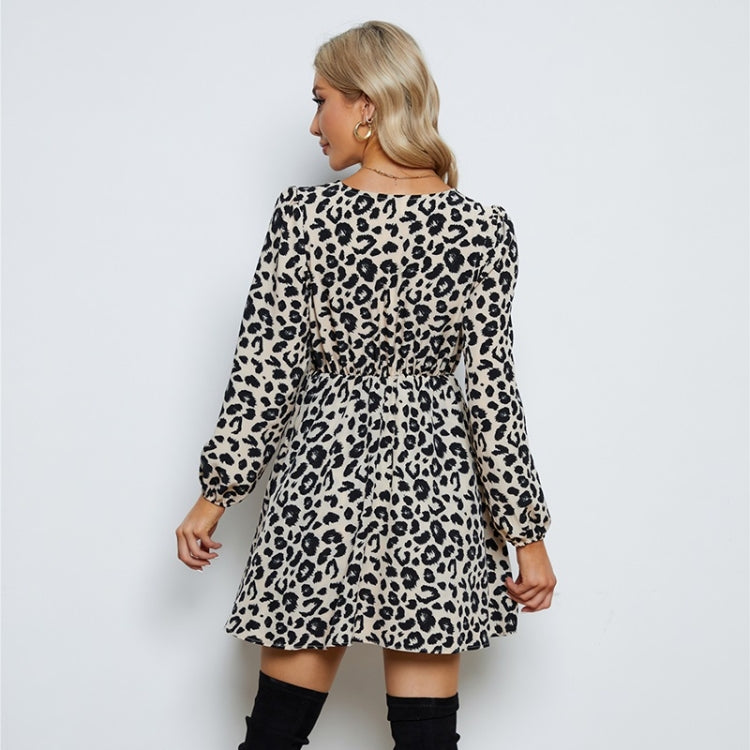 Leopard V-Neck Long Sleeve Dress for Ladies