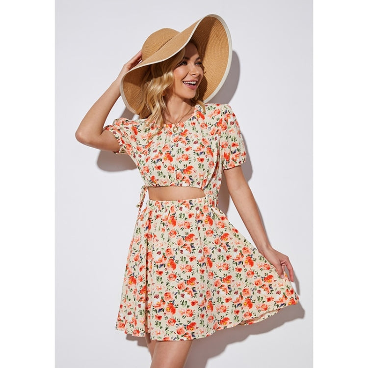 Fake Two Piece Midriff Floral Dress For Ladies