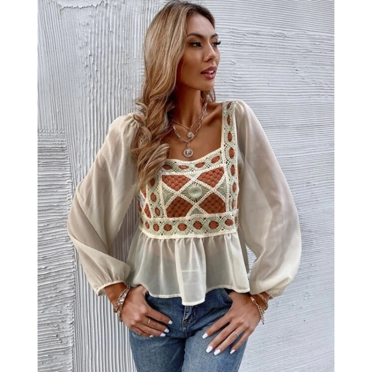 Spring Tricolor Cutout Crochet Spliced With Chiffon Long Sleeve Shirt For Ladies (Color:Orange Size:L)