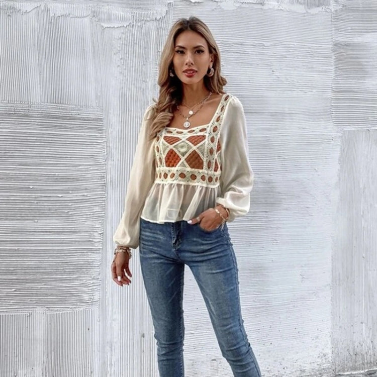 Spring Tricolor Cutout Crochet Spliced With Chiffon Long Sleeve Shirt For Ladies (Color:Orange Size:L)