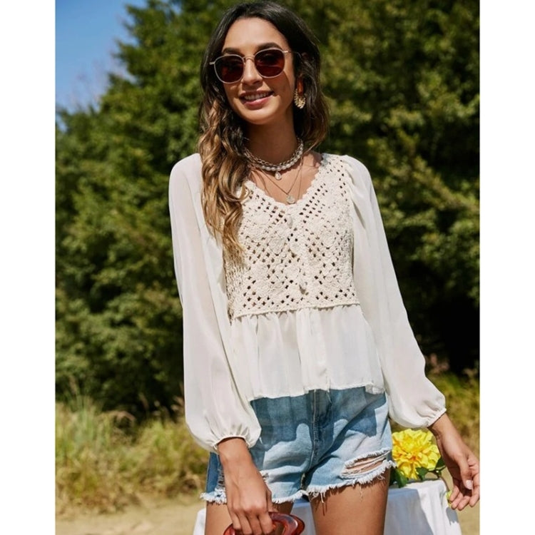 Cutout Crochet Colorblock Long Sleeve Shirt For Ladies (Color:White Size:S)
