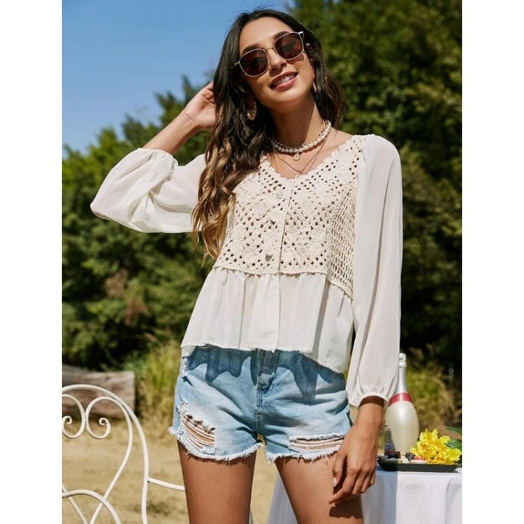 Cutout Crochet Colorblock Long Sleeve Shirt For Ladies (Color:White Size:S)