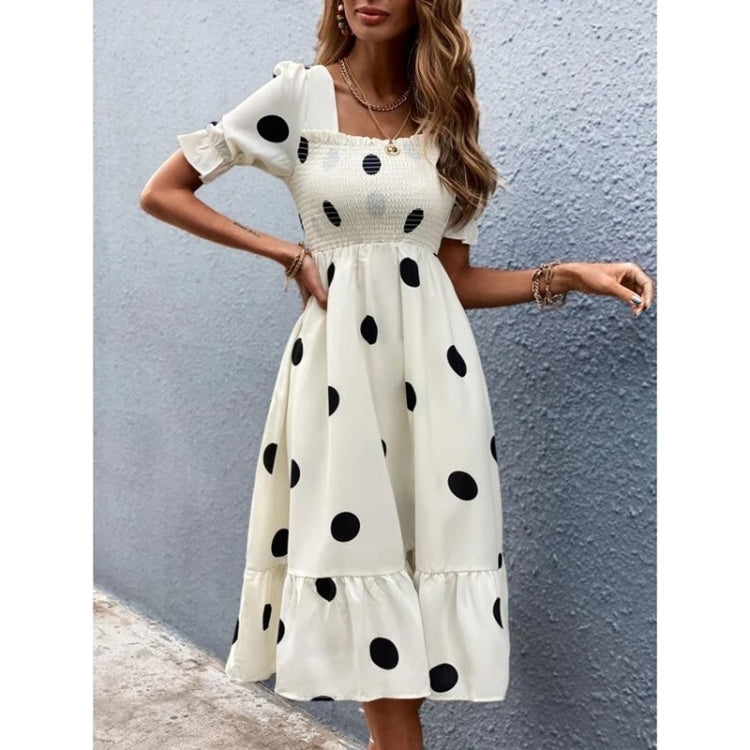Dot Square Collar Ruffle Mid Length Short Sleeve Dress For Ladies (Color:Beige Size:M)