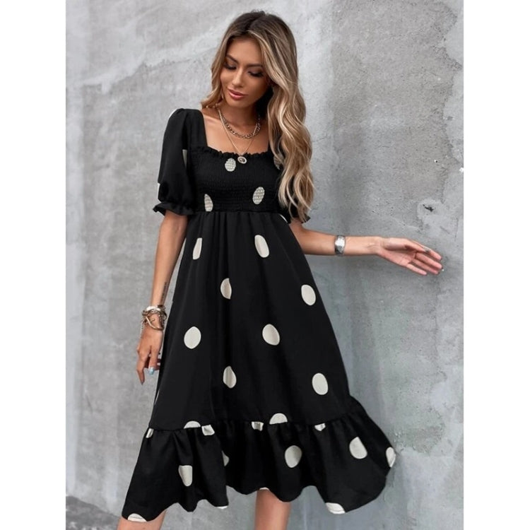 Dot Square Collar Back Lace Mid-length Short Sleeve Dress for Ladies (Color:Black Size:M)
