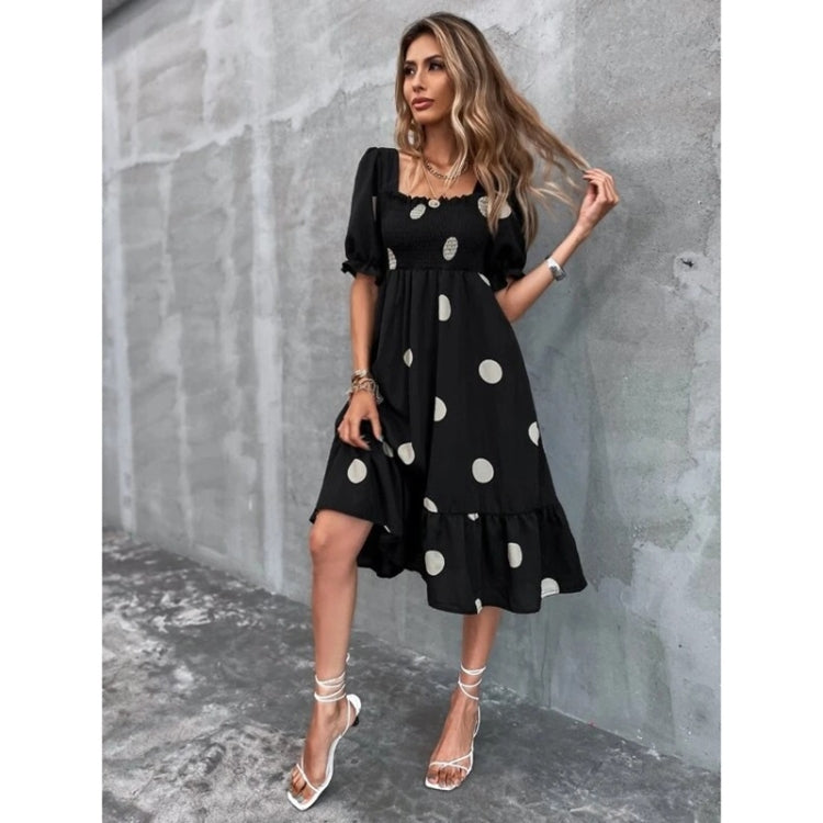 Dot Square Collar Back Lace Mid-length Short Sleeve Dress for Ladies (Color:Black Size:M)