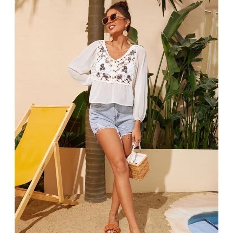 Crochet Flower Embroidered Spliced With Chiffon Long Sleeve Shirt For Ladies