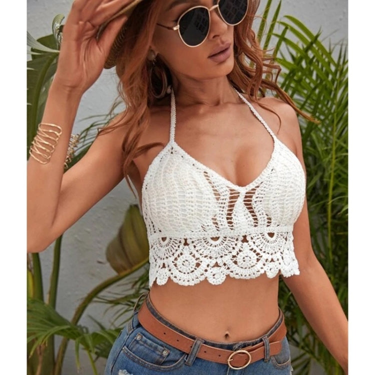 Short Cutout Crochet Tie Halter Blouse For Ladies (Color:White Size:S)