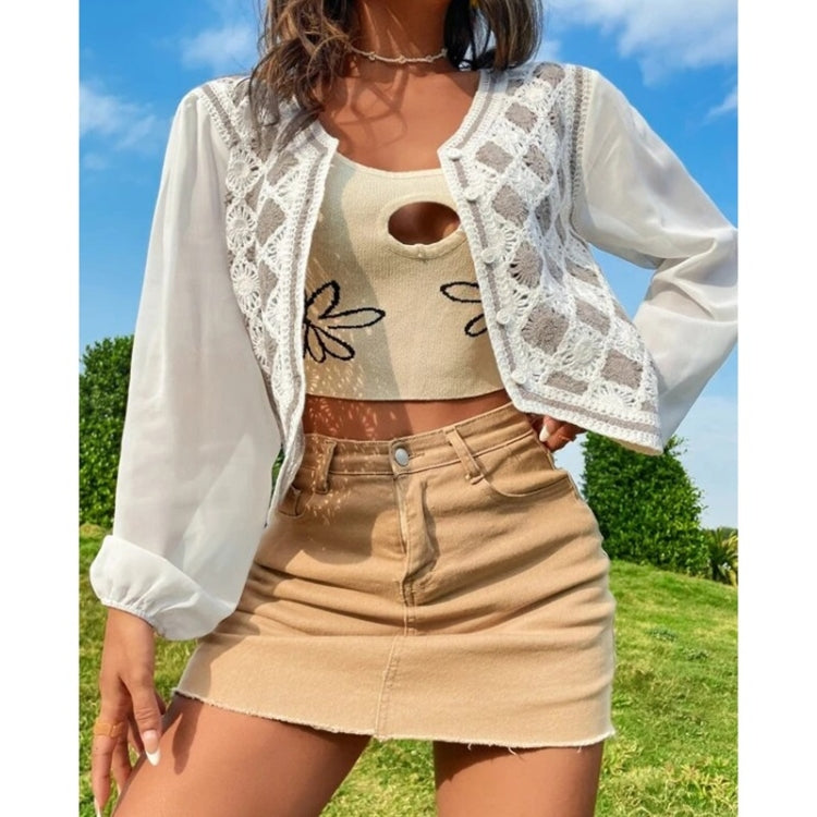 Diamond Crochet Spliced With Chiffon Long Sleeve Shirt For Ladies
