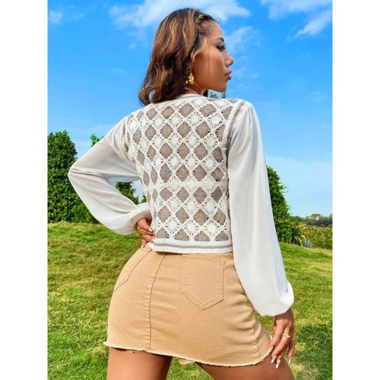 Diamond Crochet Spliced With Chiffon Long Sleeve Shirt For Ladies