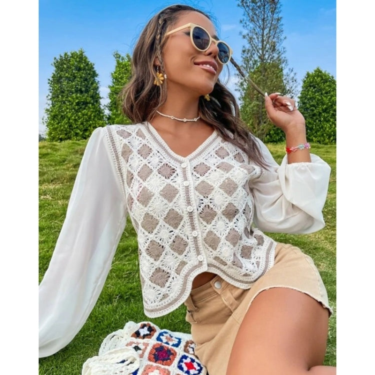 Diamond Crochet Spliced With Chiffon Long Sleeve Shirt For Ladies