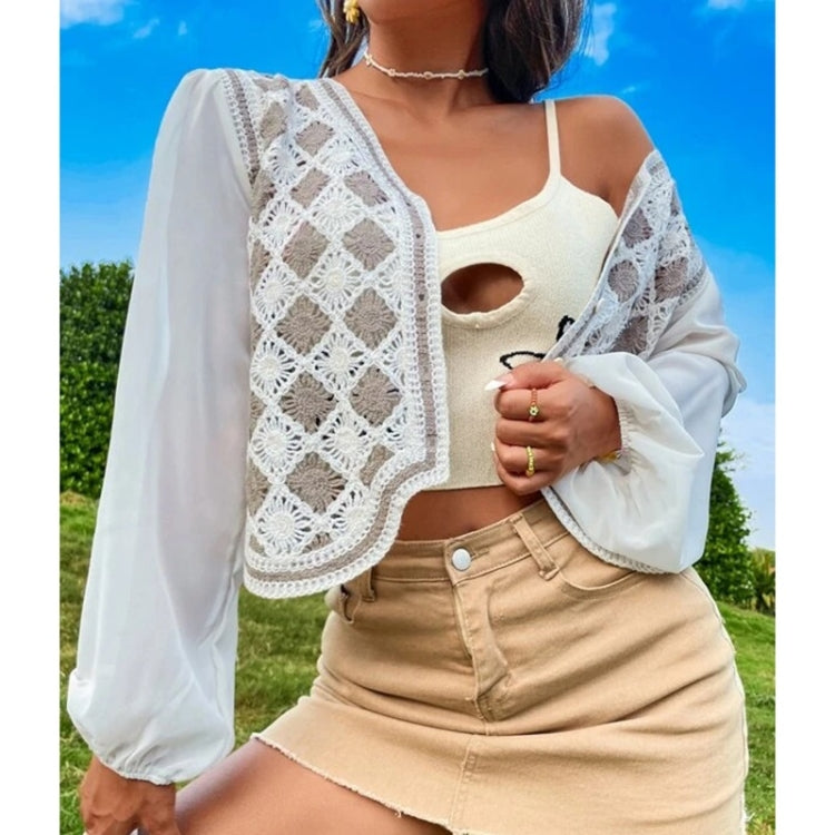 Diamond Crochet Spliced With Chiffon Long Sleeve Shirt For Ladies