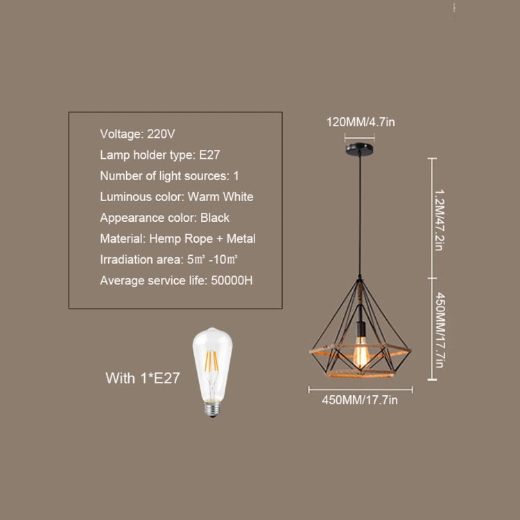 YWXLight Industrial Wind Handmade Rope E27 Bulb Pendant Light Fixture Creative Loft Retro Diamond Iron Birdcage Pendant Lamp