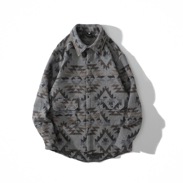 Retro Ethnic Style Oversize Woolen Mens Long-sleeved Shirt