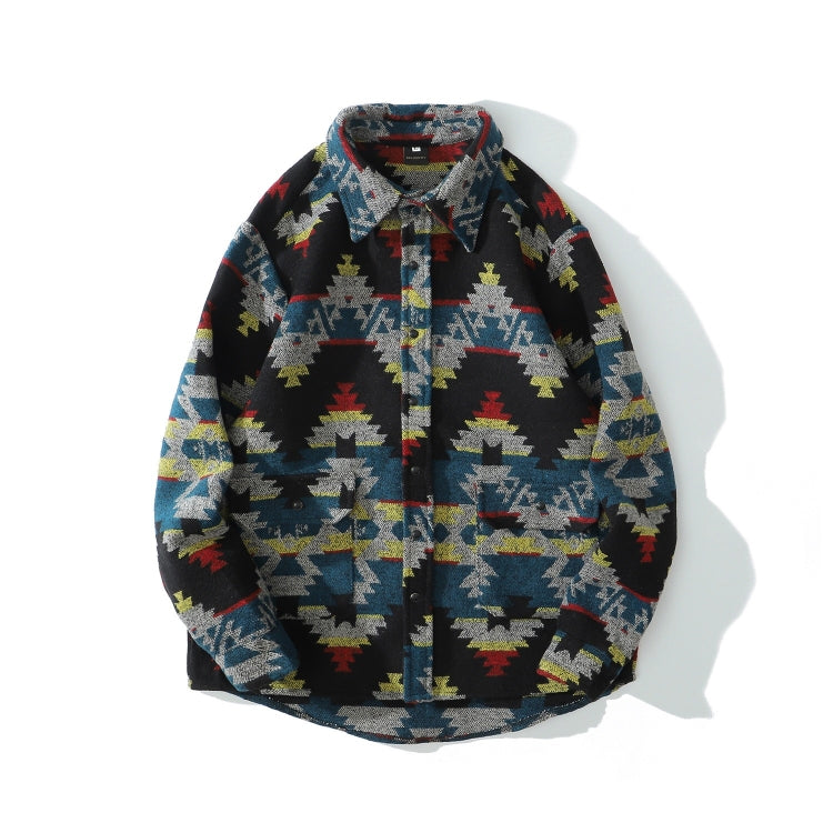 Retro Ethnic Style Oversize Woolen Mens Long-sleeved Shirt
