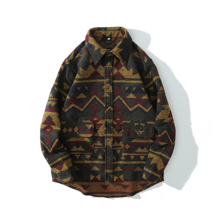 Retro Ethnic Style Oversize Woolen Mens Long-sleeved Shirt