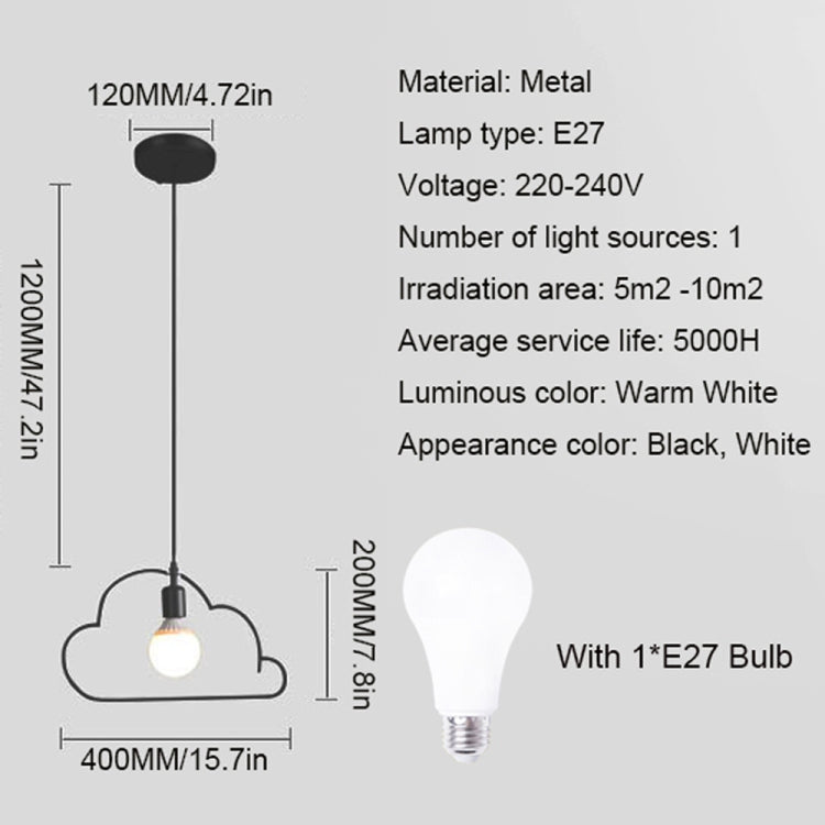 YWXLight Pendant Lights Black White Iron Art Cloud Hanging Lamp with E27 Bulb