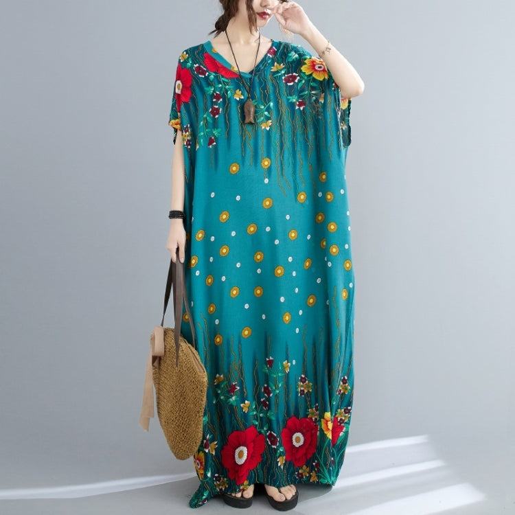 Summer V-Neck Loose Bohemian Print Long Dress For Ladies