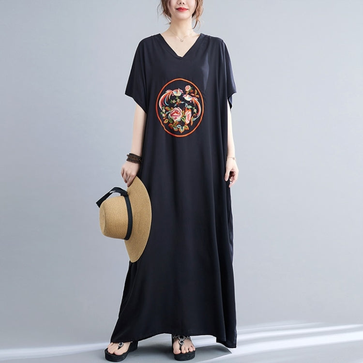 Summer V-Neck Art Embroidered Cotton Loose Long Dress for Ladies