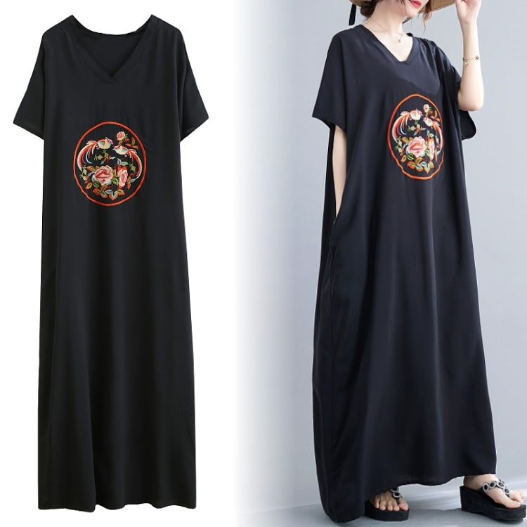 Summer V-Neck Art Embroidered Cotton Loose Long Dress for Ladies