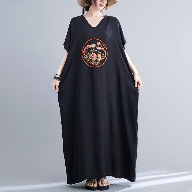 Summer V-Neck Art Embroidered Cotton Loose Long Dress for Ladies