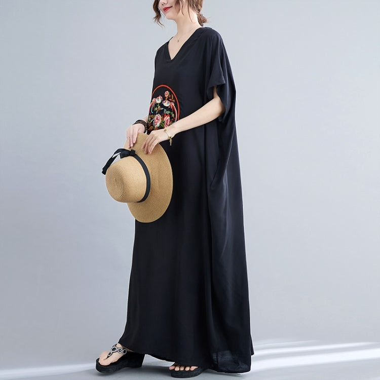 Summer V-Neck Art Embroidered Cotton Loose Long Dress for Ladies