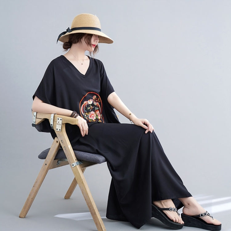 Summer V-Neck Art Embroidered Cotton Loose Long Dress for Ladies