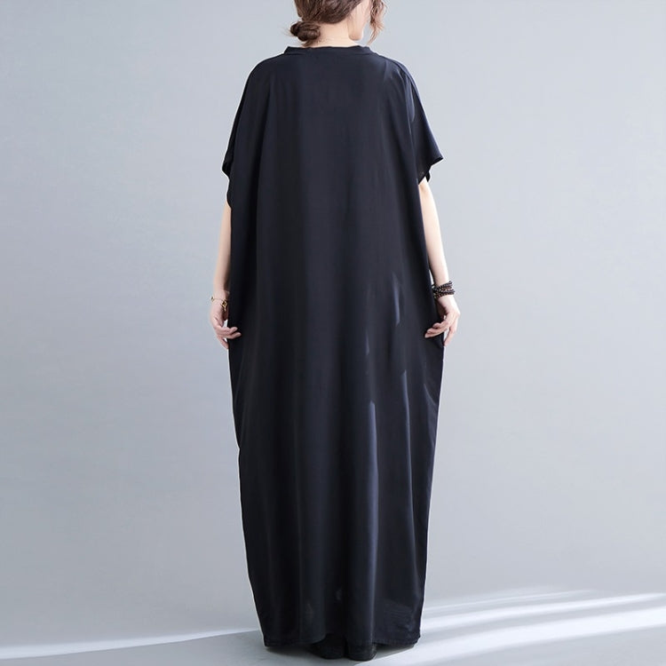 Summer V-Neck Art Embroidered Cotton Loose Long Dress for Ladies