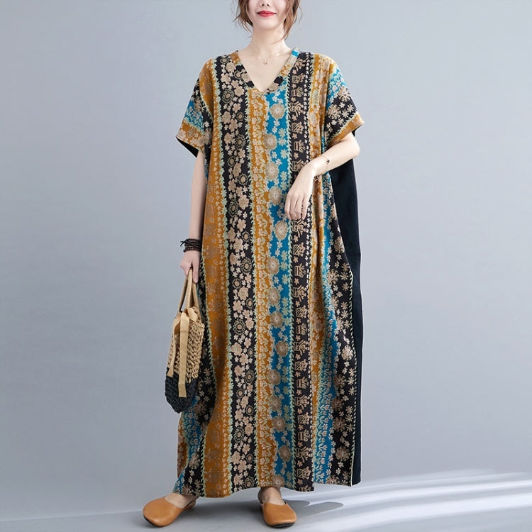 Summer Contrasting Colors V-Neck Cotton Linen Long Dress for Ladies