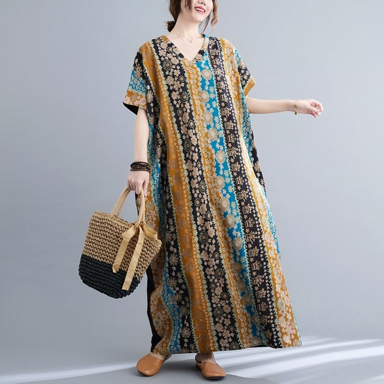 Summer Contrasting Colors V-Neck Cotton Linen Long Dress for Ladies