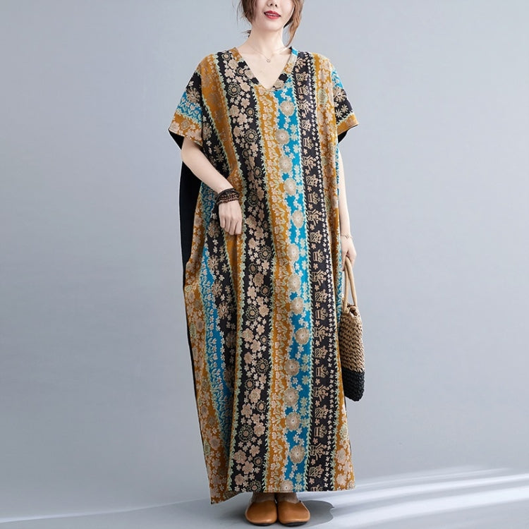 Summer Contrasting Colors V-Neck Cotton Linen Long Dress for Ladies