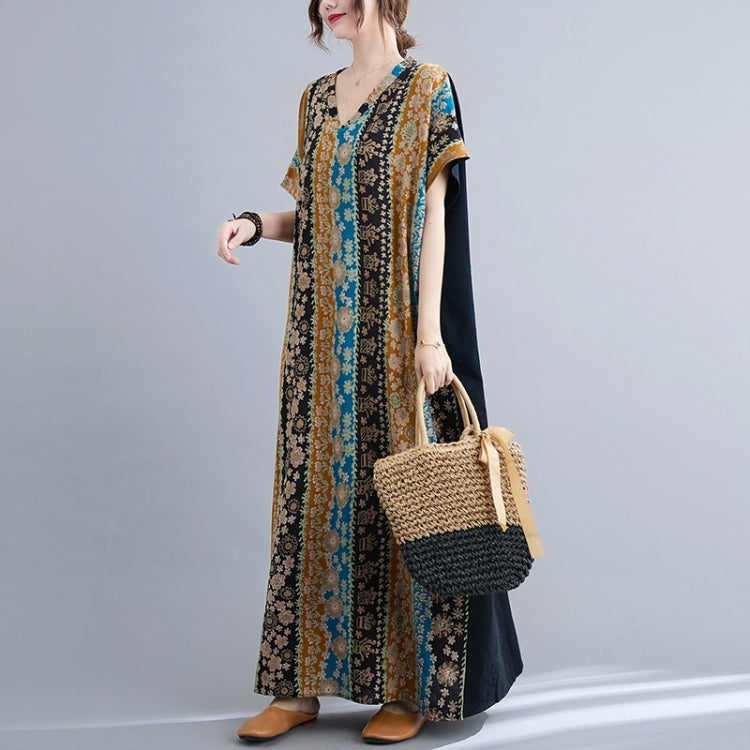Summer Contrasting Colors V-Neck Cotton Linen Long Dress for Ladies