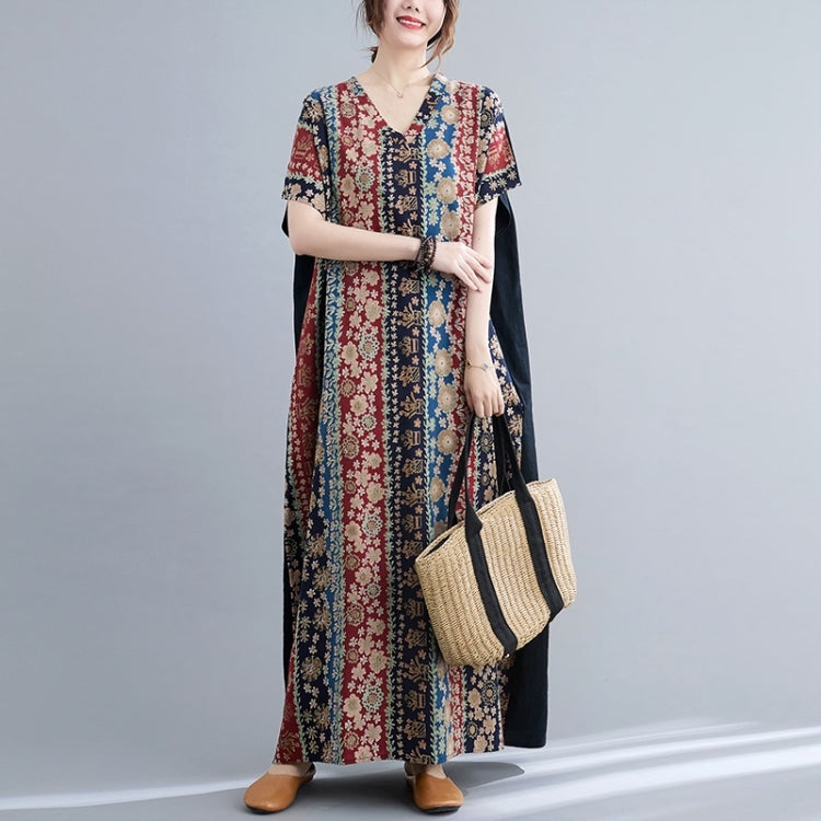 Summer Contrasting Colors V-Neck Cotton Linen Long Dress for Ladies