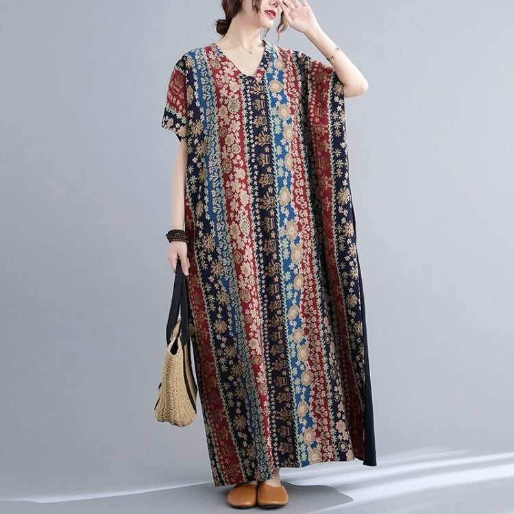 Summer Contrasting Colors V-Neck Cotton Linen Long Dress for Ladies