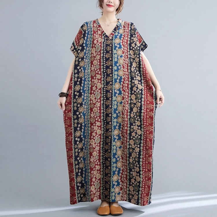 Summer Contrasting Colors V-Neck Cotton Linen Long Dress for Ladies