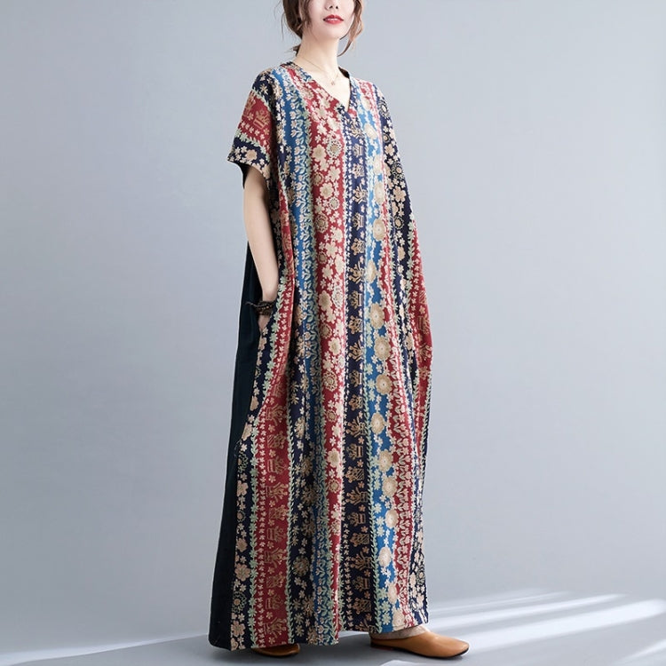 Summer Contrasting Colors V-Neck Cotton Linen Long Dress for Ladies