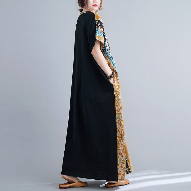 Summer Contrasting Colors V-Neck Cotton Linen Long Dress for Ladies