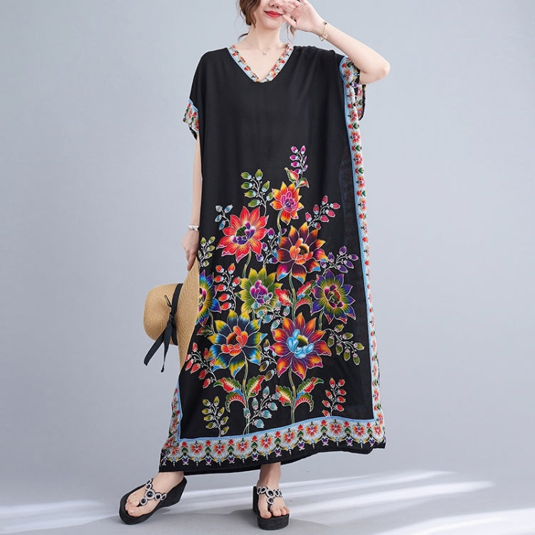 Summer V-Neck Floral Print Cotton Loose Dress for Ladies
